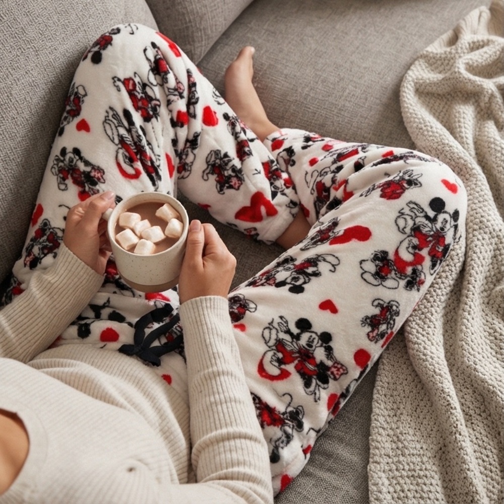 Disney Black,White with Red heart Pajama Bottoms with Mickey and Minnie Mouse.